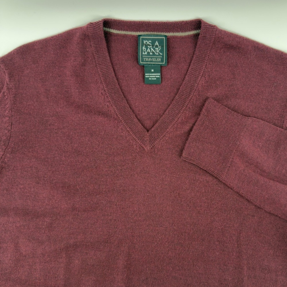 Jos A Bank Traveler Merino Wool‎ V Neck Sweater Mens Medium Burgundy Pullover